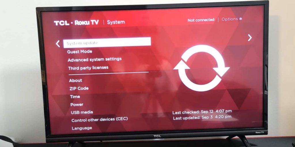 Roku TV system update screen