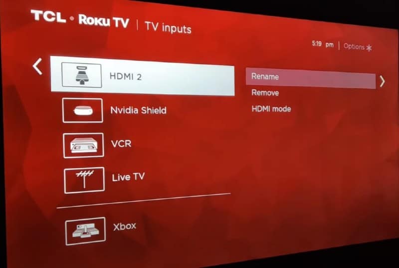 Roku TV input Rename option screen