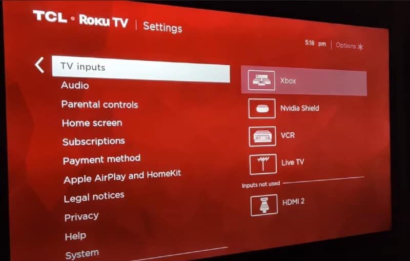 Roku TV Inputs screen